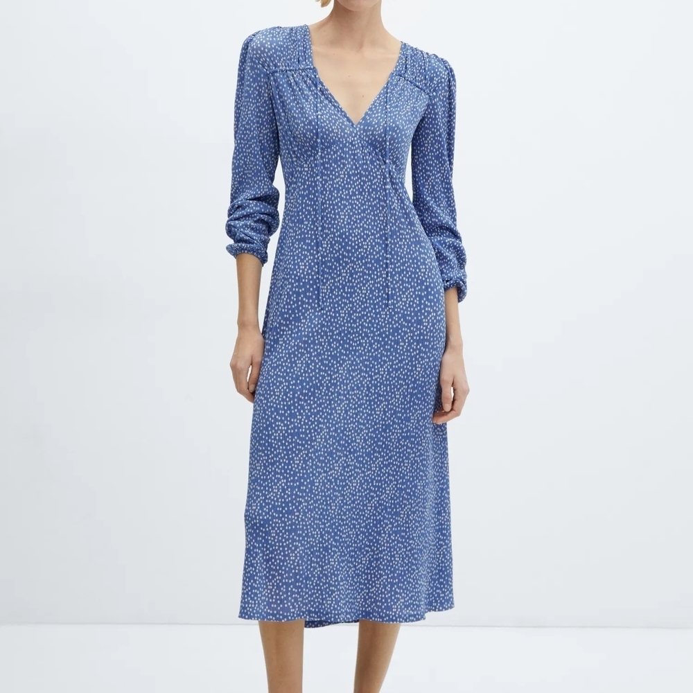 Mango Blue And White Polta Dot Patterned Blue Long Sleeve Midi Dress Sz M